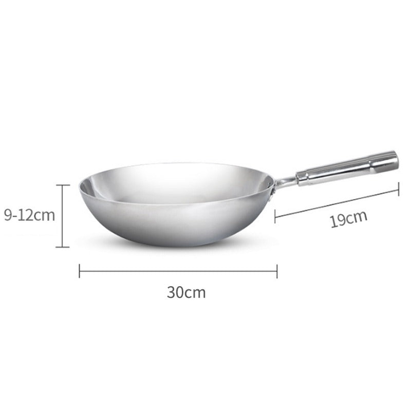 Måltegning af woken set fra siden, der viser diameteren på 30 cm, dybden og skaftets længde