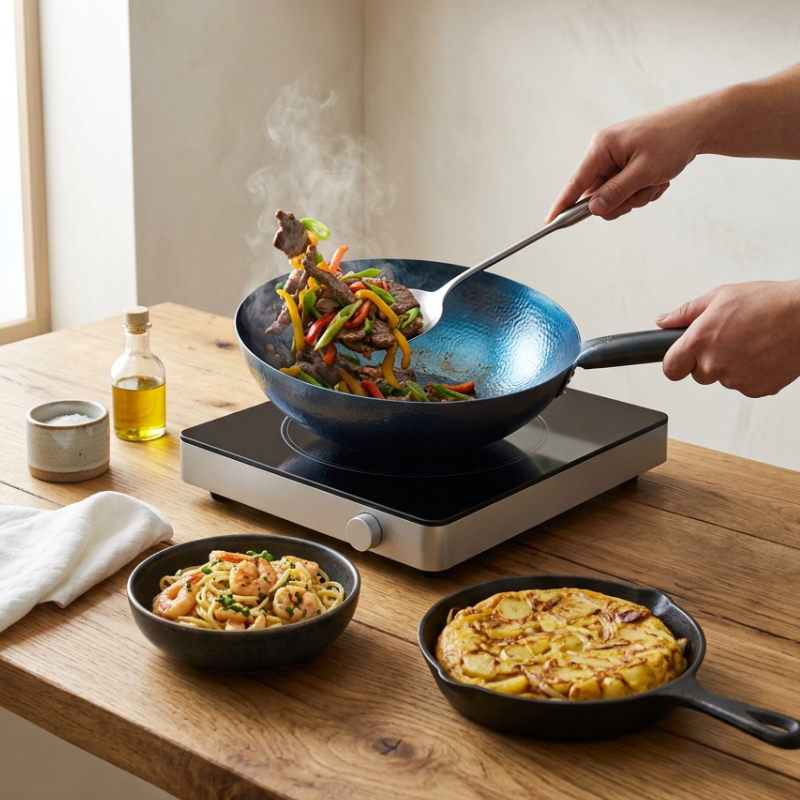 To hænder vender oksekød og peberfrugt i den blå wok, med en skål pasta og en pande med tortilla