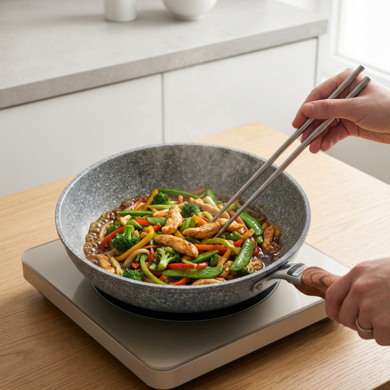 Kylling, broccoli og grøntsager i sauce i stegepanden på en løs kogeplade, rørt rundt med lange spisepinde