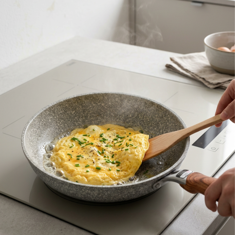 Omelet med purløg i stegepanden på en indbygget kogeplade, en hånd holder håndtaget og en anden vender med en træspatel