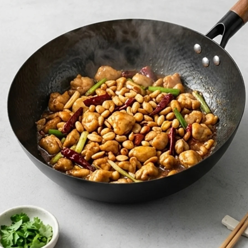 Dampende kylling med peanuts og tørret chili i wokpanden, en lille skål koriander ved siden af