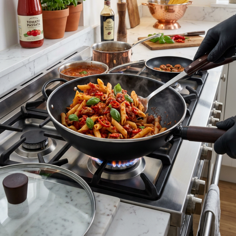 Penne i tomatsauce i wokken på et gasblus, en hånd i sort handske holder håndtaget, glaslåget ligger forrest