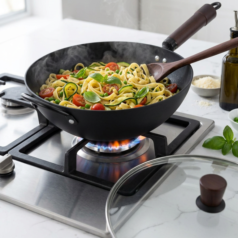 Tagliatelle med squash, tomater og ærter i wokken over et gasblus, med træske og glaslåg i forgrunden