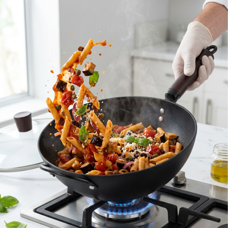 En hånd i hvid handske kaster penne med aubergine og tomat op fra wokken over et gasblus