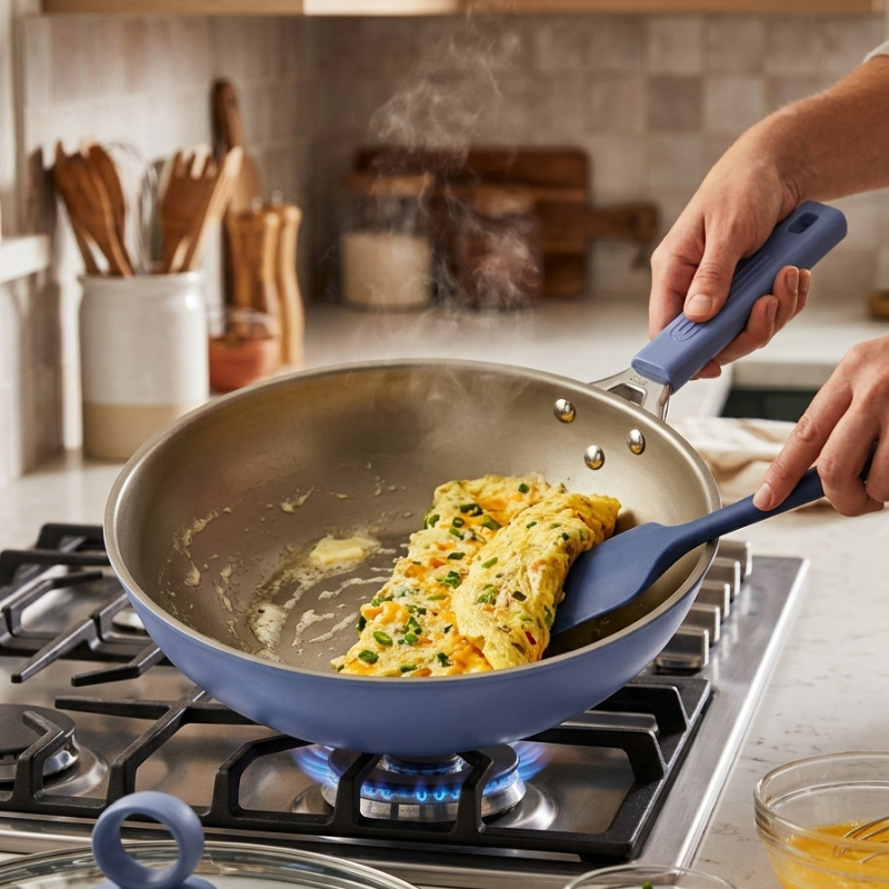 En hånd holder skaftet, mens en omelet med krydderurter foldes med en blå spatel i woken over et gaskomfur
