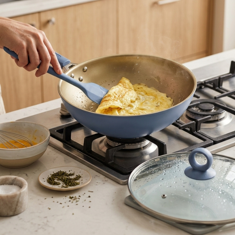 Omelet foldes sammen i woken på et gaskomfur, med glaslåget på bordpladen til højre og en skål æg og piskeris til venstre