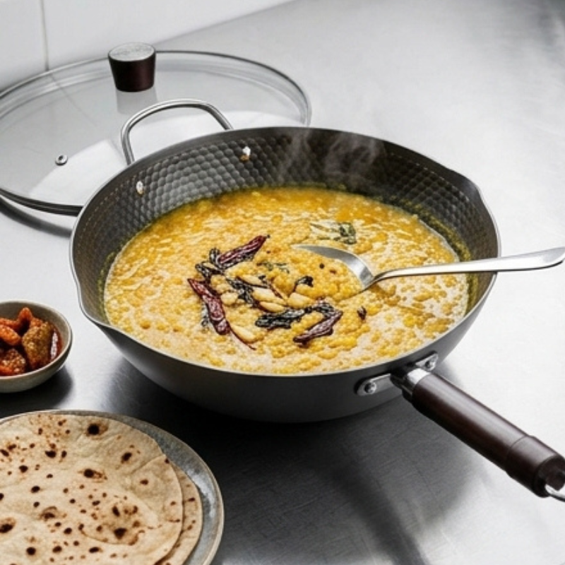 Gul dal i woken med en ske, glaslåget i baggrunden og fladbrød på en tallerken