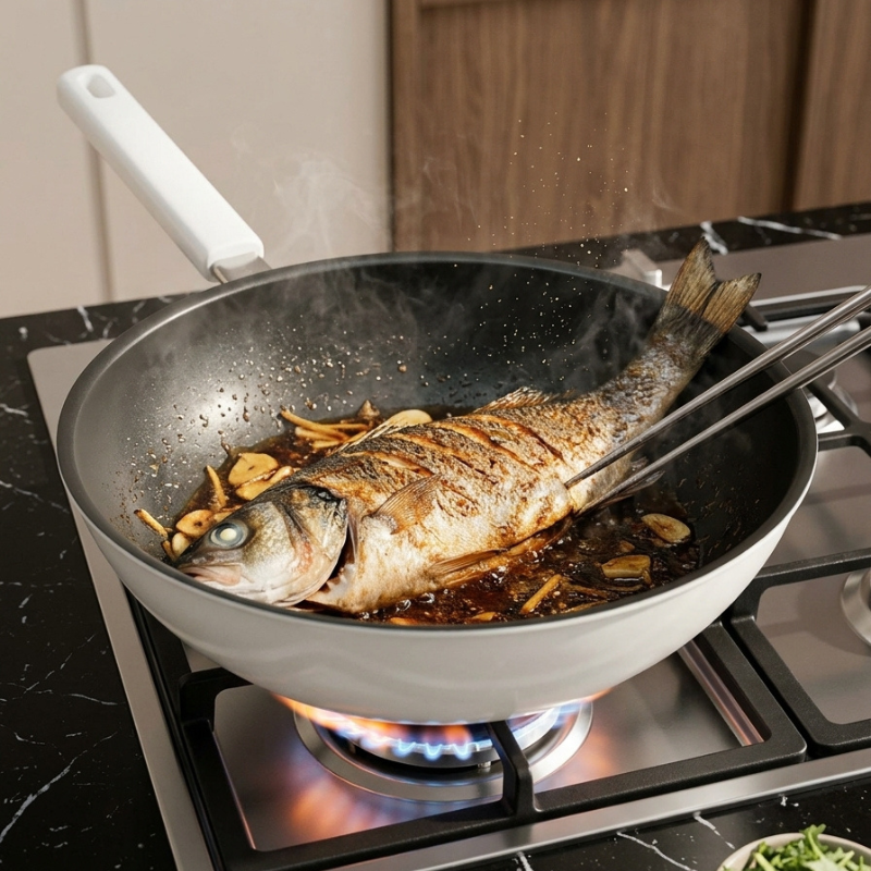 Hel fisk med hvidløg i brun sauce i en hvid wokpande på gaskomfur, vendt med spisepinde