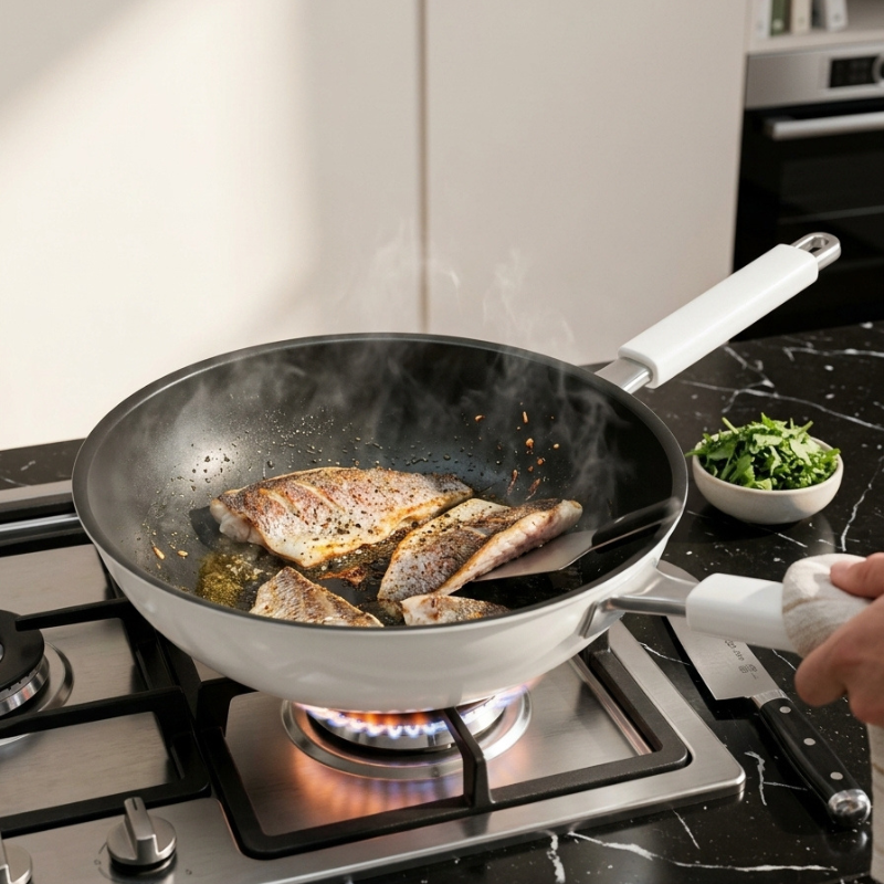 Fiskefileter steges i hvid wokpande på gaskomfur, mens en hånd holder håndtaget og vender med en spatel