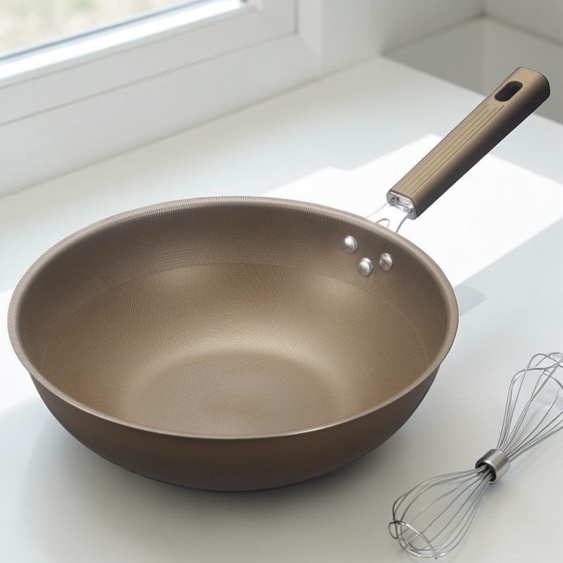 Wokpande uden låg på et lyst køkkenbord ved vinduet med et piskeris ved siden af
