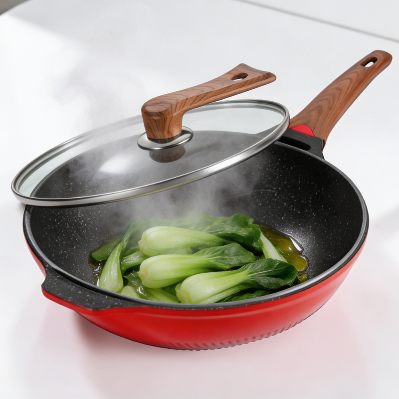 Pak choi i damp i panden, mens glaslåget holdes lige over kanten