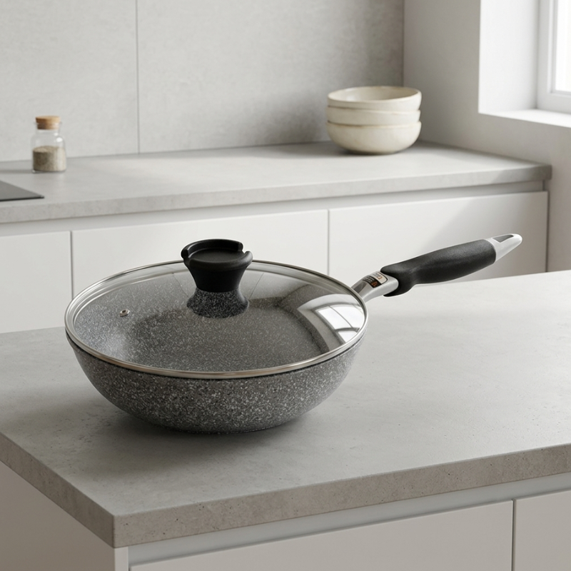 Wokken med låget på, stillet på en grå bordplade med hvide skåle og et vindue i baggrunden