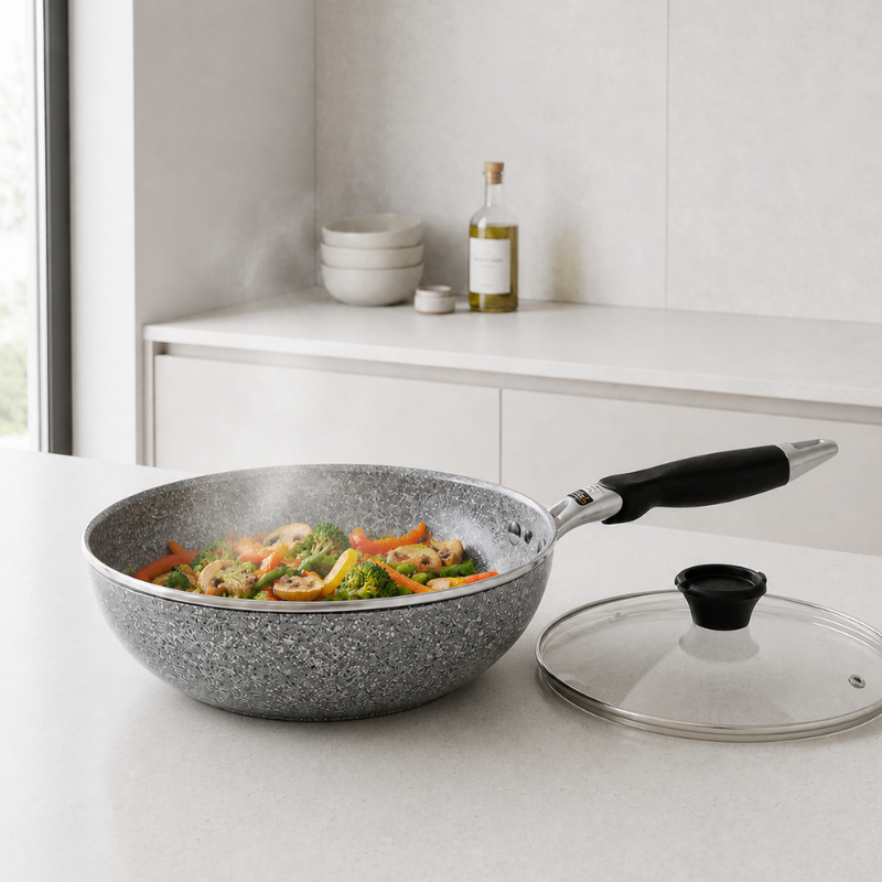 Dampende wokret med broccoli, peberfrugt, gulerod og champignon, mens glaslåget ligger ved siden af