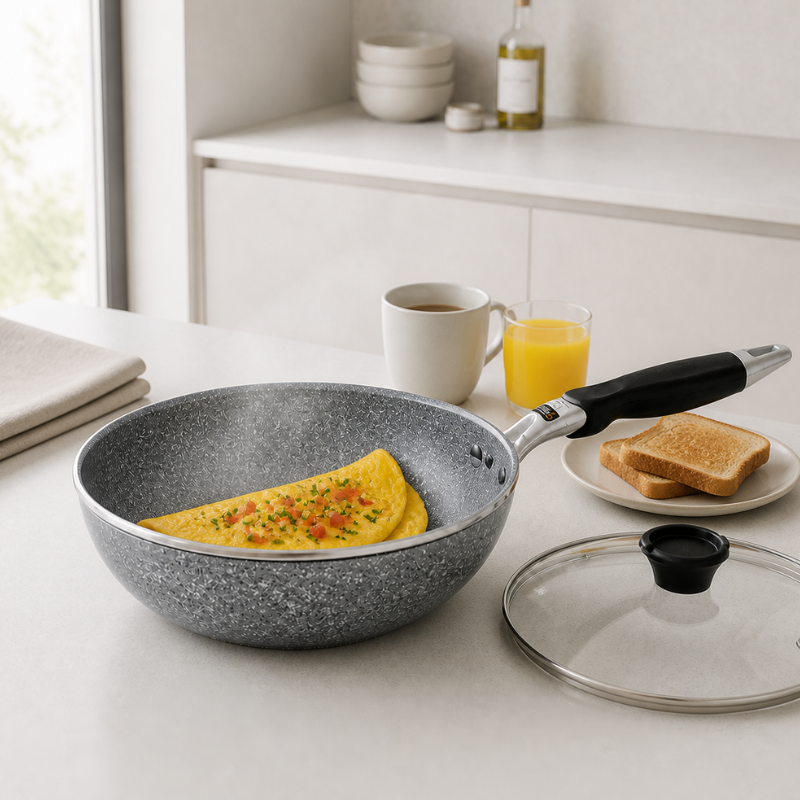 Omelet med grøntsager i woken, glaslåget ved siden af og kaffe, juice og ristet brød på bordet