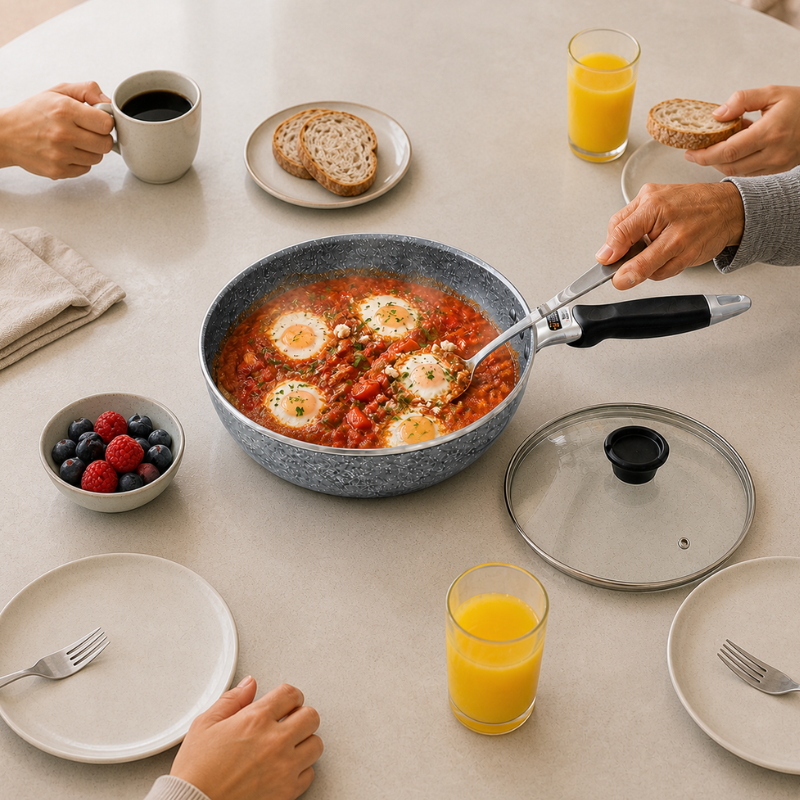 Æg i tomatsauce i woken midt på morgenbordet, hvor en hånd øser op med en ske ved siden af glaslåget