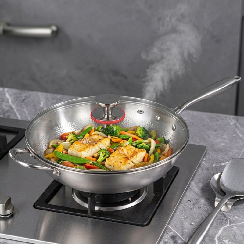 Wok med glaslåg på et gaskomfur, hvor der stiger damp op fra fiskefileter, broccoli, sukkerærter og peberfrugt