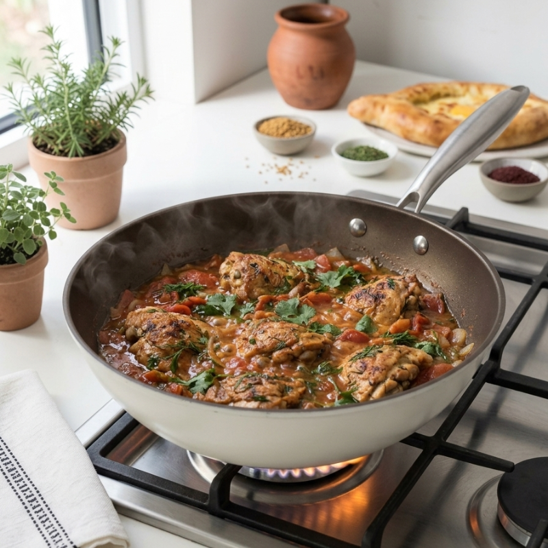 Hvid wokpande med kyllingestykker i tomatsauce på et tændt gasblus, med krydderurter og brød i baggrunden