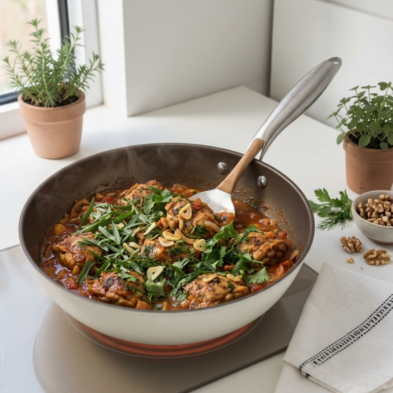 Hvid wokpande med kylling i tomatsauce under friske krydderurter og en stegespade med træskaft