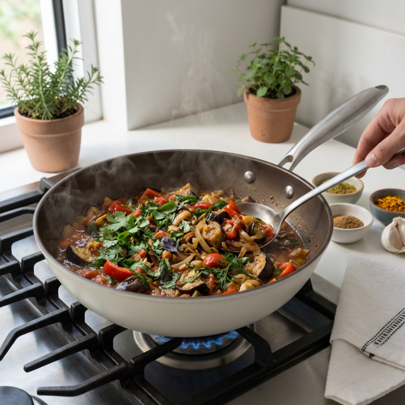 En hånd rører i aubergine og peberfrugt i den hvide wokpande over en blå gasflamme