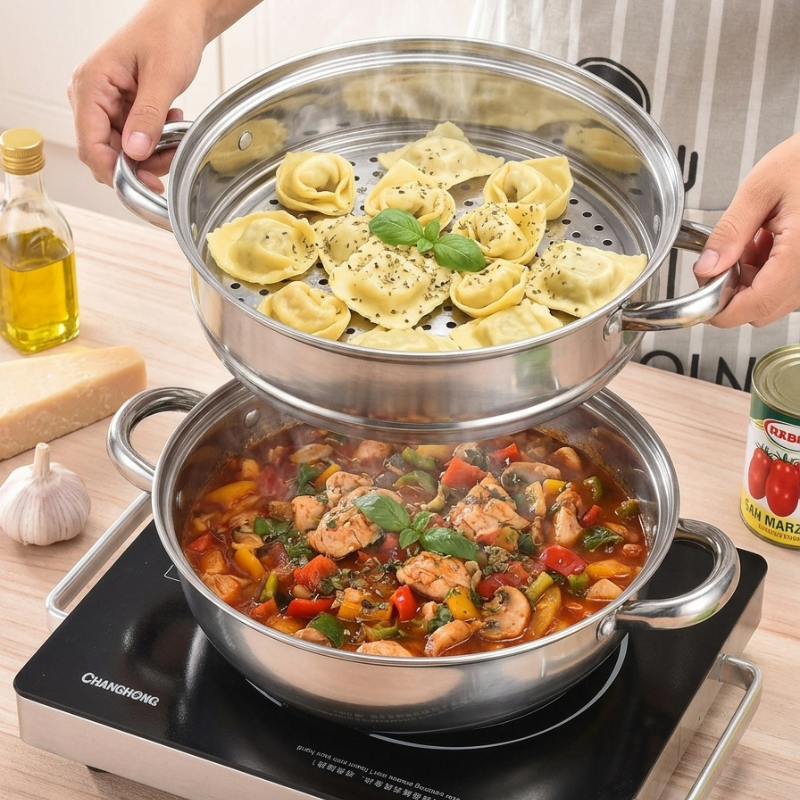 Dampindsats med fyldt pasta over underdelen med kylling og grøntsager i tomatsauce på en kogeplade