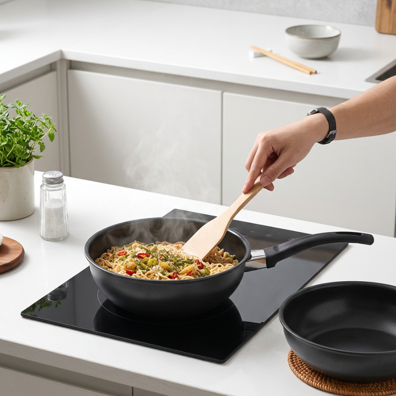 Hånd vender nudler med en træspatel i woken på en sort kogeplade, mens en tom wok står ved siden af
