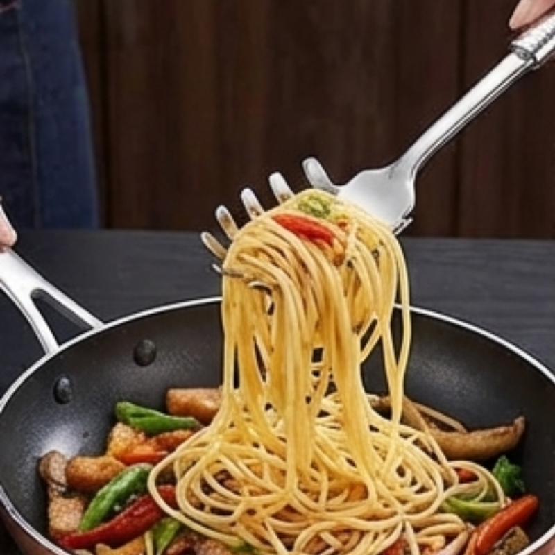 Spaghettiskeen løfter spaghetti op af en pande med grøntsager