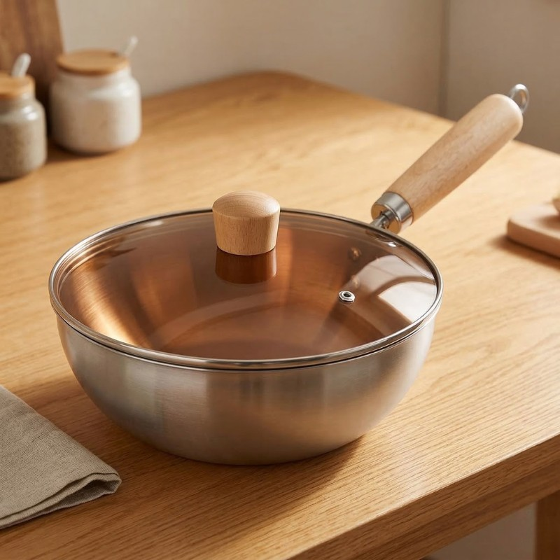 Wok med glaslåg på et træbord, med krukker og en serviet omkring