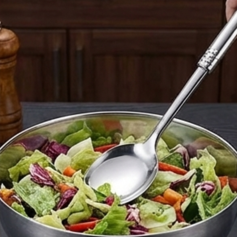 Risskeen vender en blandet salat i en skål af stål