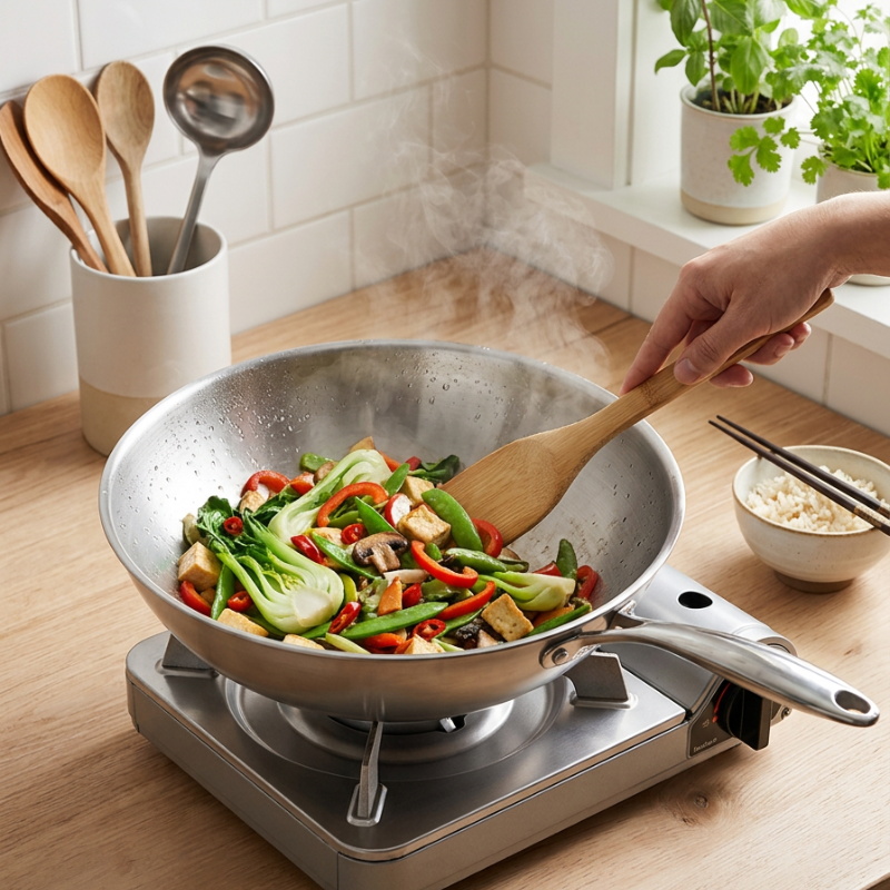 Pak choi, tofu og peberfrugt i woken på et bærbart gasblus, med en skål ris og spisepinde ved siden af