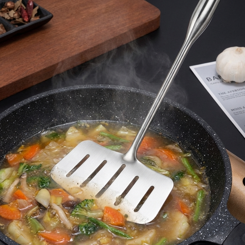 Stegepalet helt i stål i en dampende pande med grøntsager i bouillon, blandt andet broccoli og gulerod