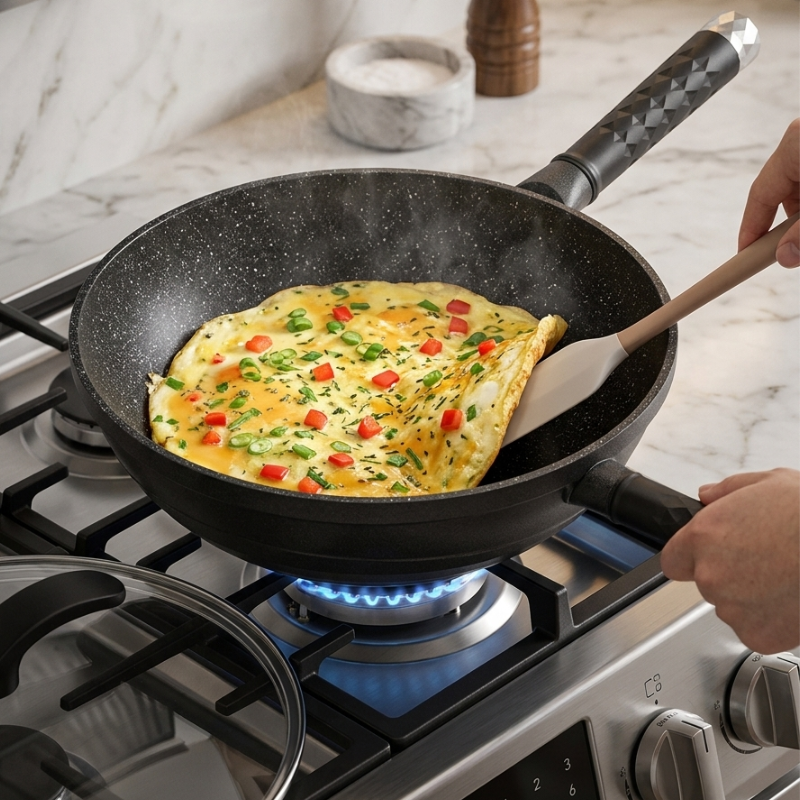 Omelet med peberfrugt vendes med en spatel i woken over et gasblus, mens en hånd holder håndtaget