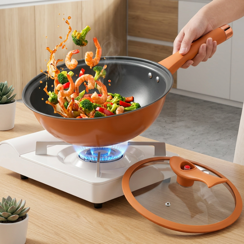 En hånd holder skaftet og kaster rejer, broccoli og peberfrugt i gryden over et gasblus med blå flamme