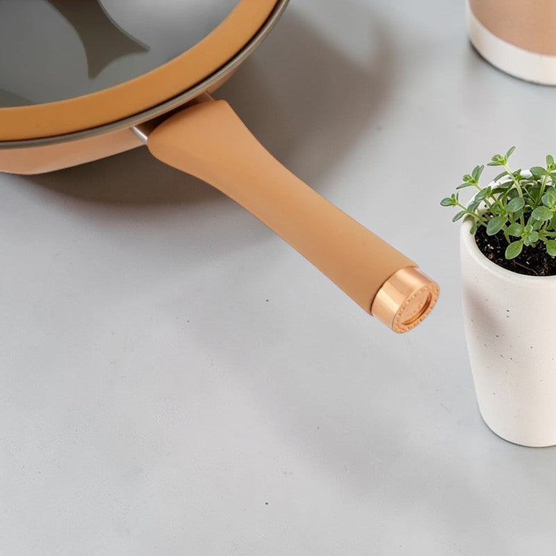 Det lange orange skaft med kobberfarvet endestykke ved siden af en lille potteplante