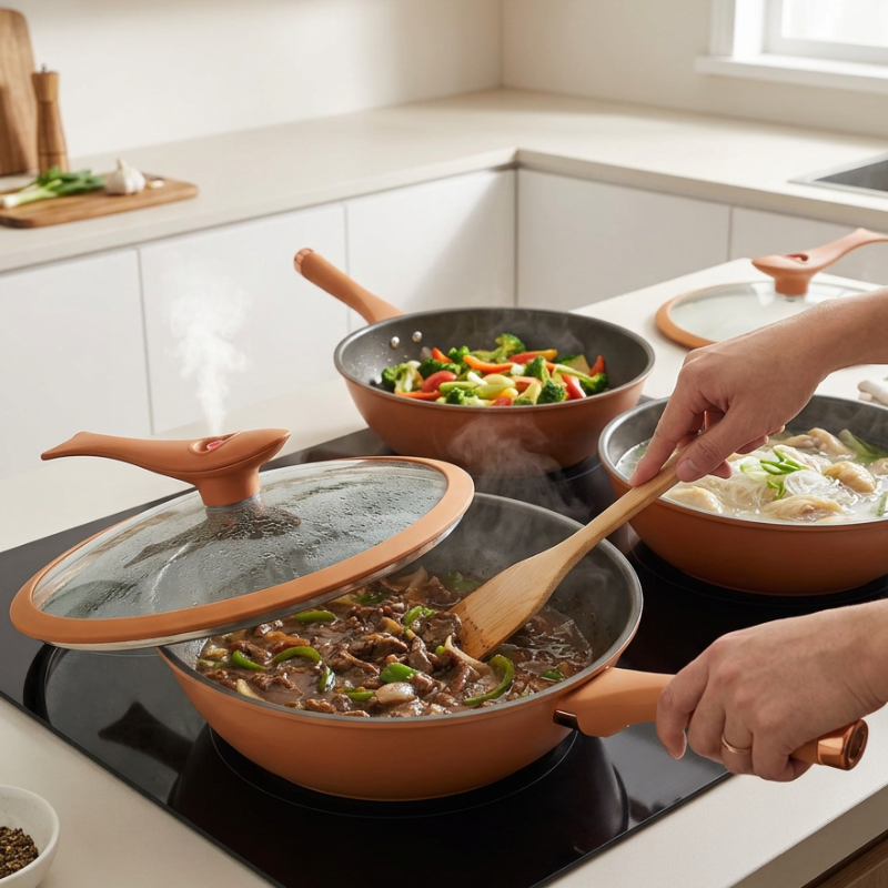 Flere orange wokgryder på en sort kogeplade med oksekød, grøntsager og nudelsuppe, en hånd rører med en træspatel
