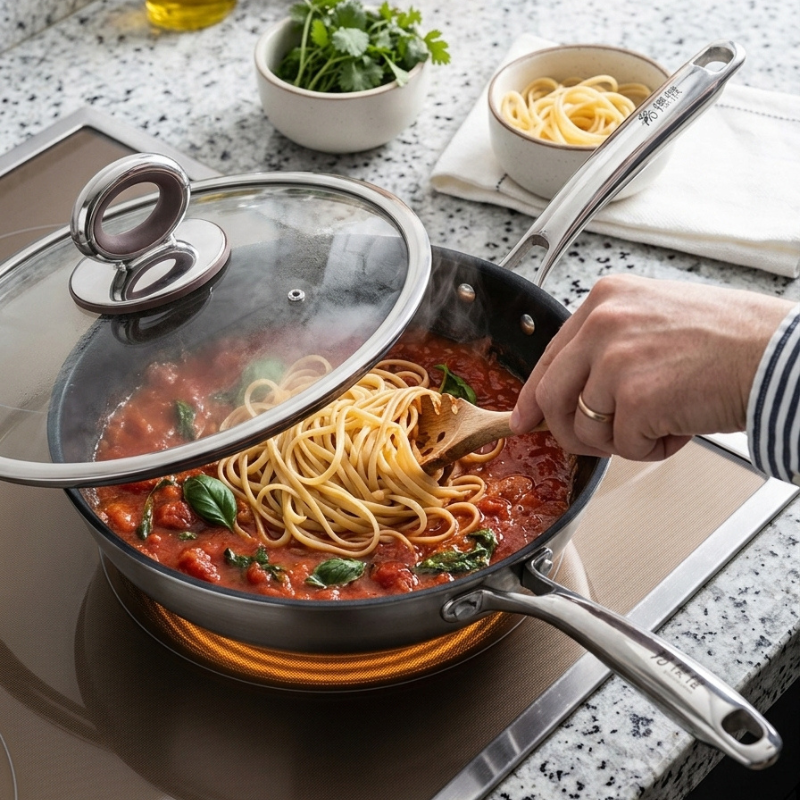 Spaghetti i tomatsauce røres med en træske i woken, mens glaslåget holdes på skrå over den