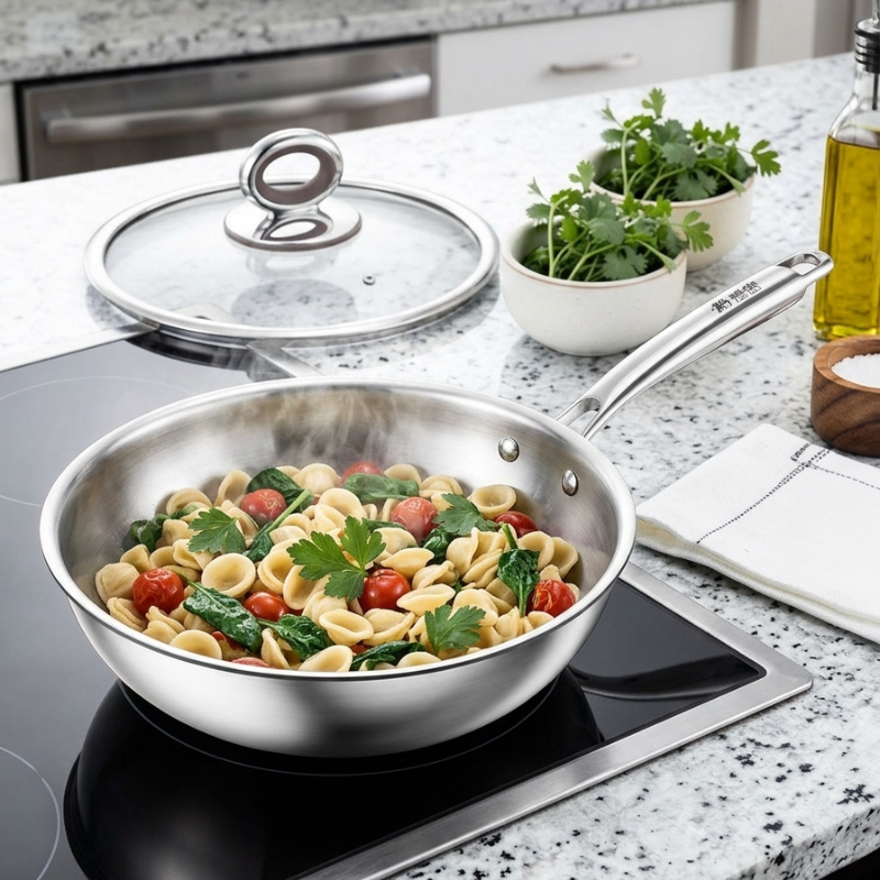 Orecchiette med cherrytomater og spinat i woken på en sort kogeplade, glaslåget ligger bagved