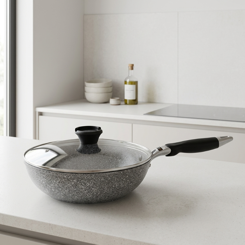 Grå wok med glaslåg på et lyst køkkenbord, med kogeplade, skåle og en flaske olie i baggrunden
