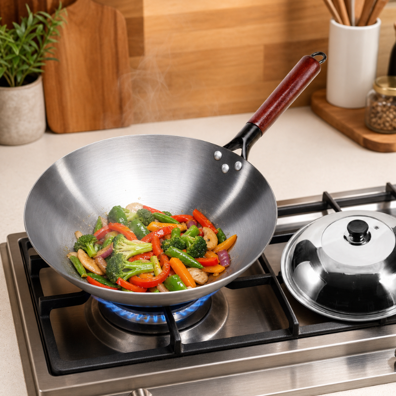 Wok i kulstål med grøntsager på et gasblus, og låget står ved siden af på komfuret