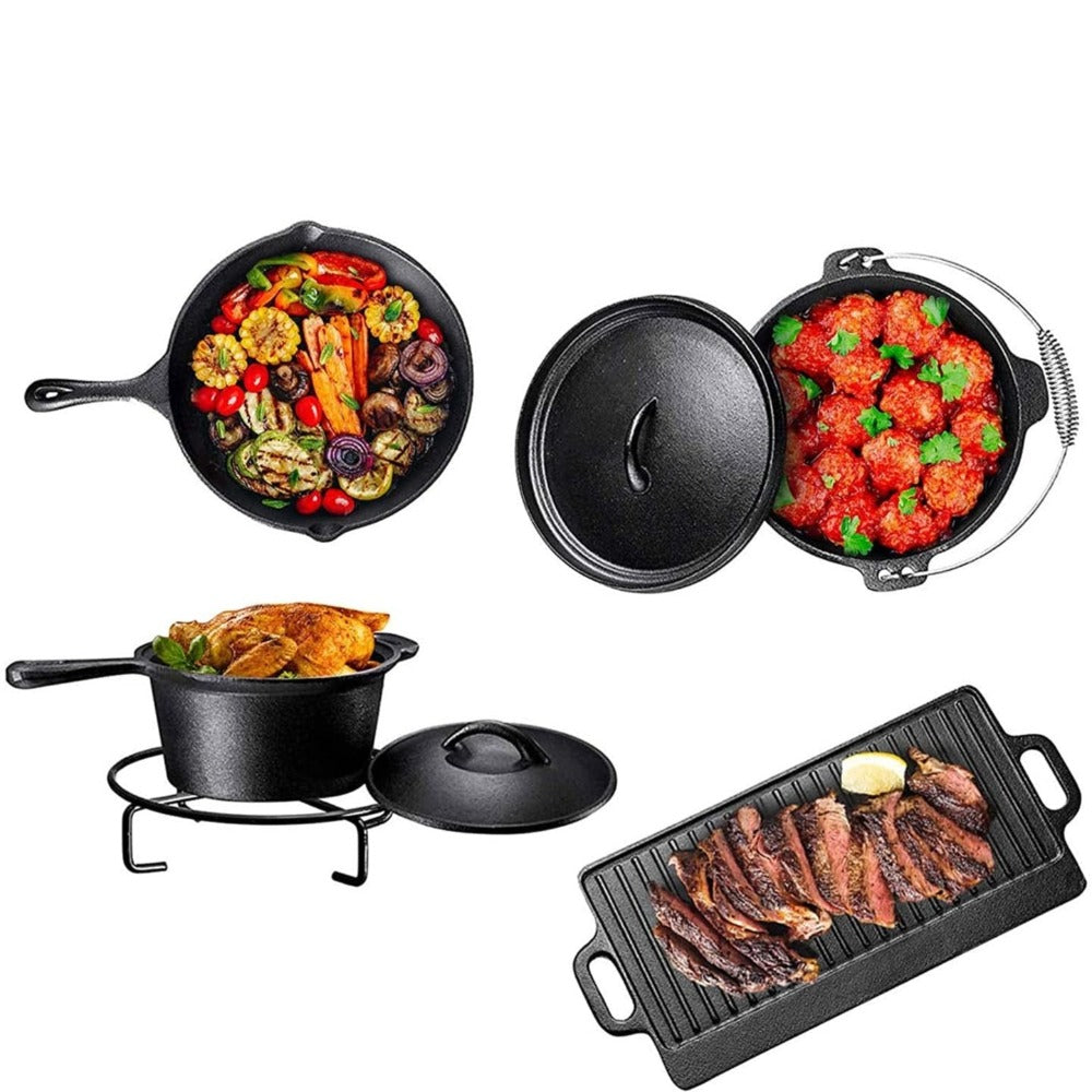 Stegepande med grøntsager, bålgryde med kødboller, kasserolle med kylling på trefod og grillplade med bøf