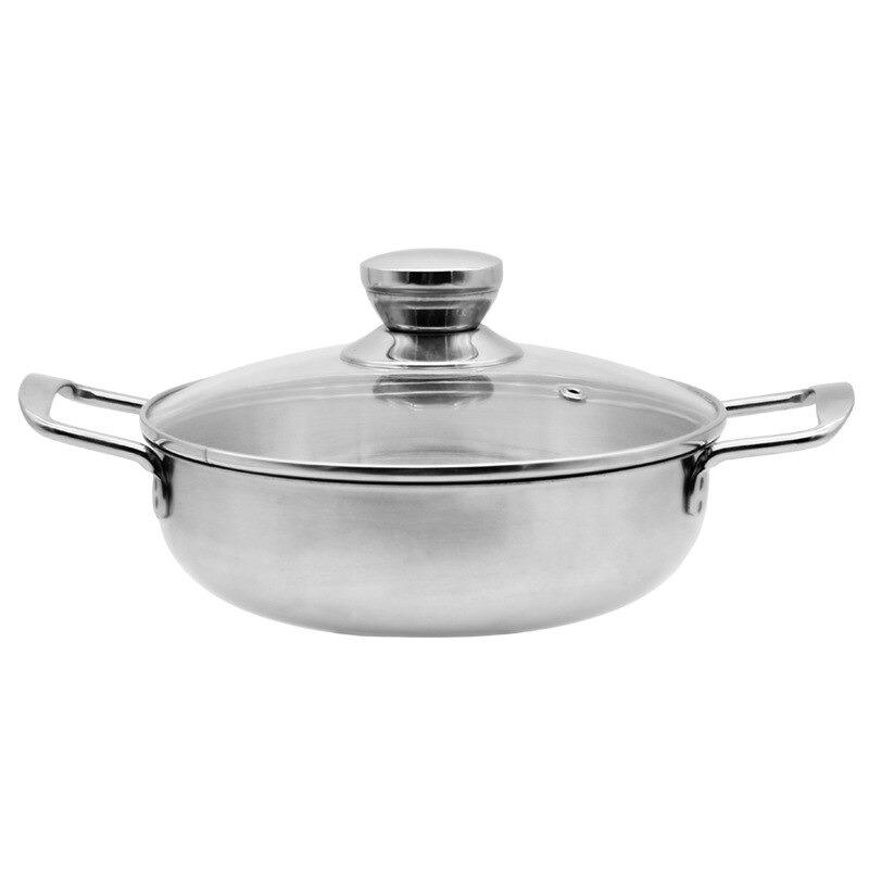 Le Daisen wok 20 cm i rustfrit stål med glaslåg og en hank i hver side, set fra siden på hvid baggrund