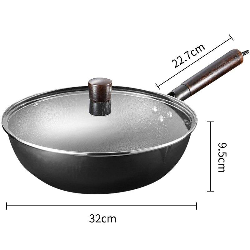 Måltegning af woken med låg, der viser diameteren på 32 cm samt højden og håndtagets længde