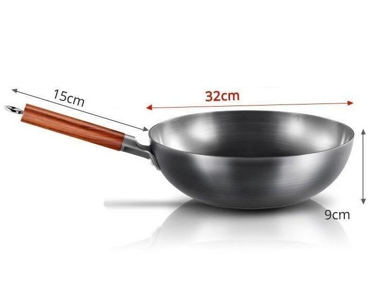 Wokken set fra siden med pile, der viser diameter, højde og skaftets længde