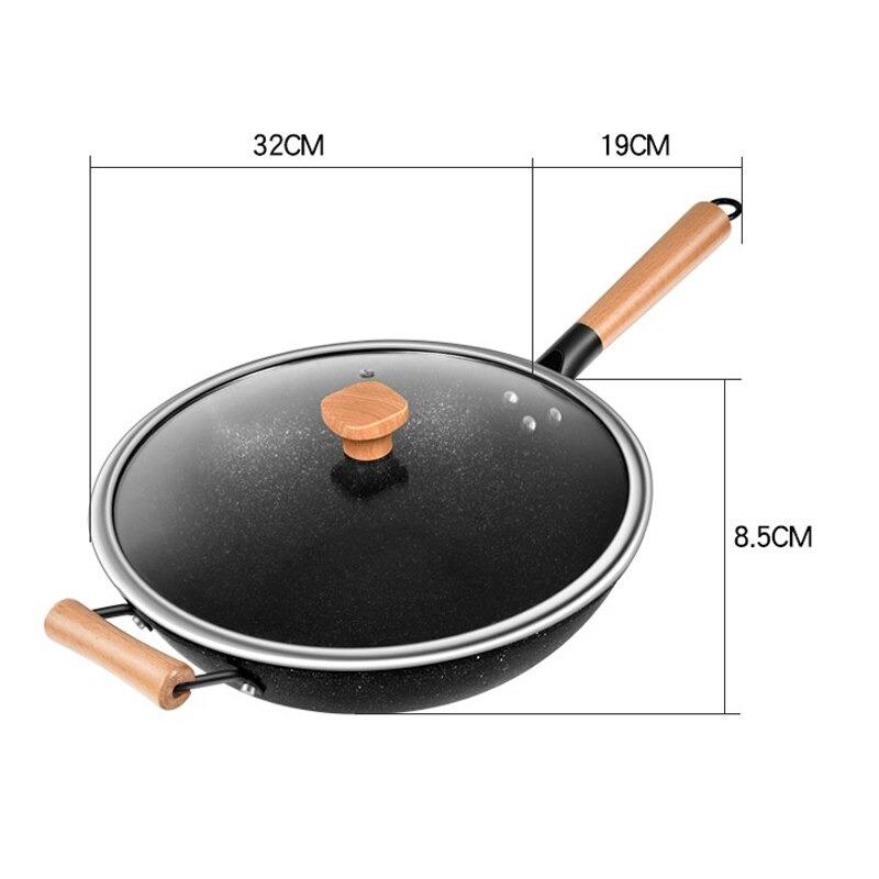Målskitse af woken med låg, der viser diameter, dybde og skaftets længde