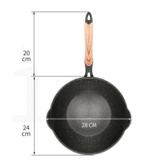 Målskitse af wokken set ovenfra, med diameteren på 28 cm og håndtagets længde markeret