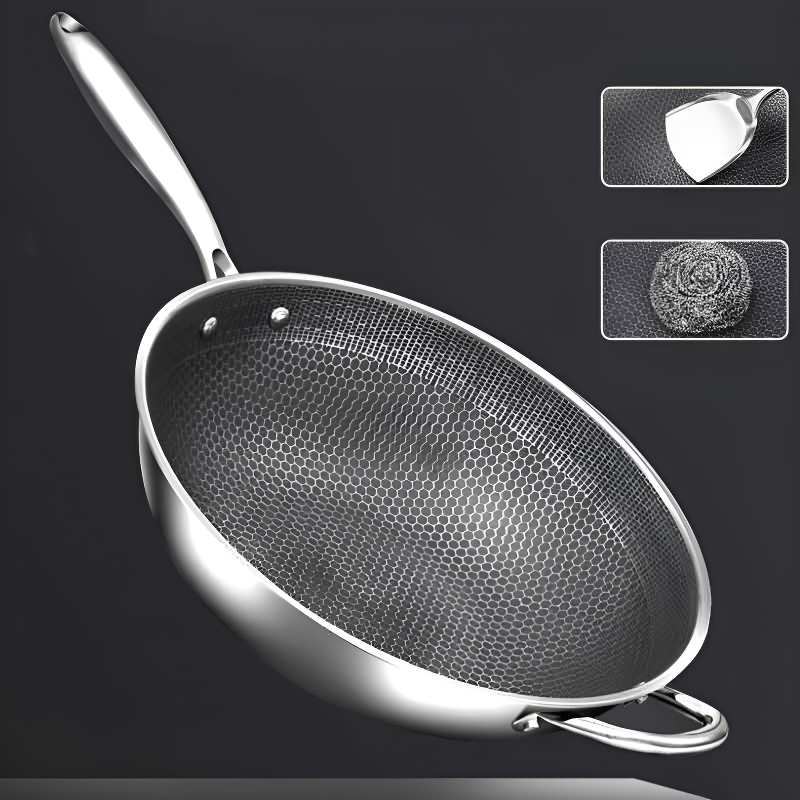 Iide set ovenfra på sort baggrund med to små udsnit af en stålspatel og en grydesvamp af stål på bikubemønsteret