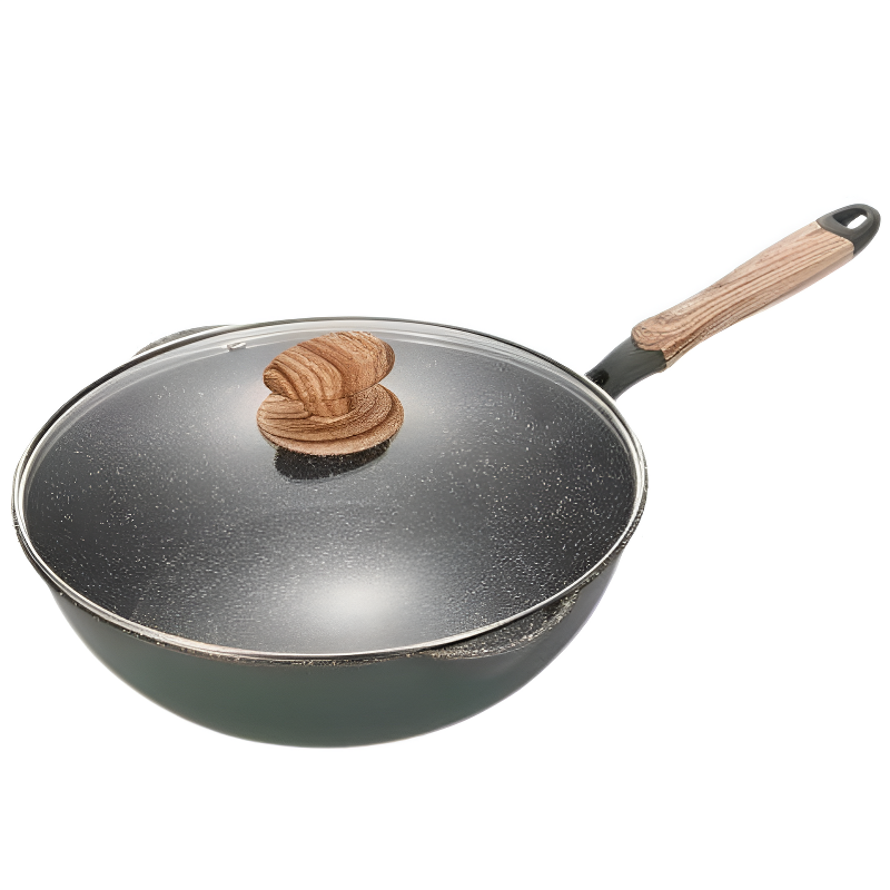 Le Tsurugi wok med glaslåg og håndtag i træ, fotograferet på hvid baggrund