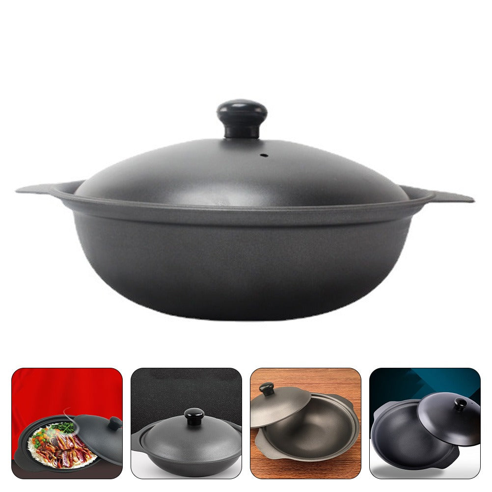 Wokpanden med låget på, set forfra, og fire små billeder af samme pande med og uden låg, et af dem med mad