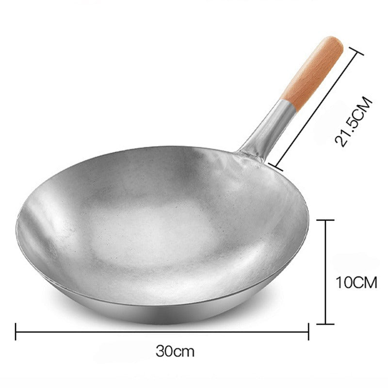 Målskitse af wokken på 30 cm, der viser diameter, dybde og skaftets længde