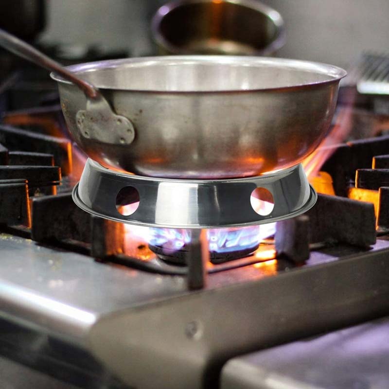 En blank pande med langt skaft står i ringen over et tændt gasblus med blå og orange flammer
