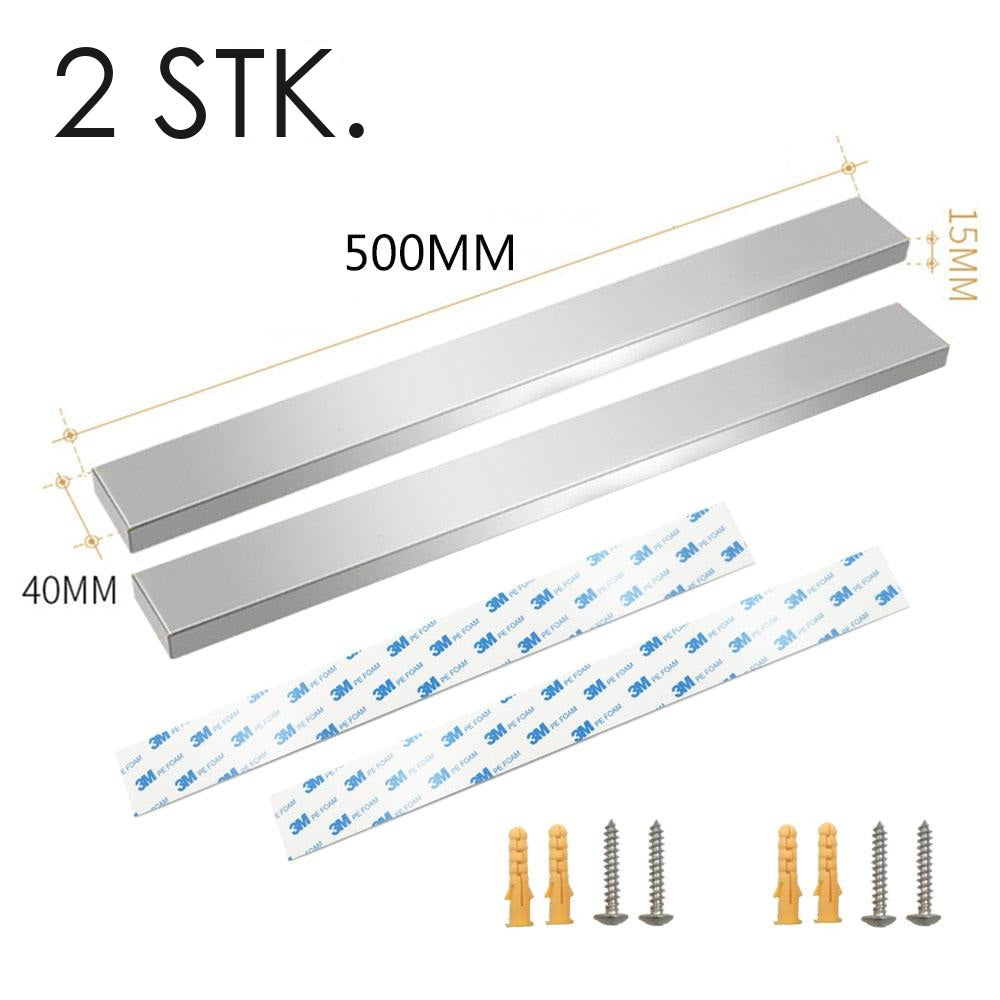 Sæt med 2 magnetlister på 50 cm, hver med sin klæbestrip, to skruer og to rawlplugs